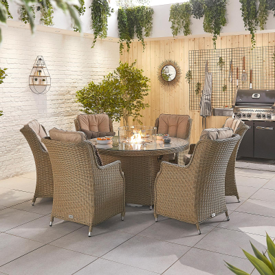 Thalia 6 Seat Rattan Dining Set - Round Gas Fire Pit Table in Willow