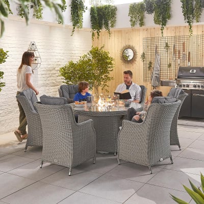 Thalia 6 Seat Rattan Dining Set - Round Gas Fire Pit Table in White Wash