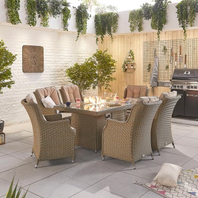 Thalia 6 Seat Rattan Dining Set - Rectangular Gas Fire Pit Table in Willow