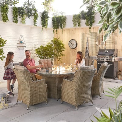 Thalia 6 Seat Rattan Dining Set - Oval Gas Fire Pit Table in Willow