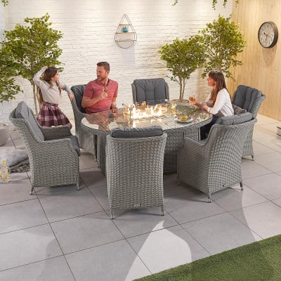 Thalia 6 Seat Rattan Dining Set - Oval Gas Fire Pit Table in White Wash