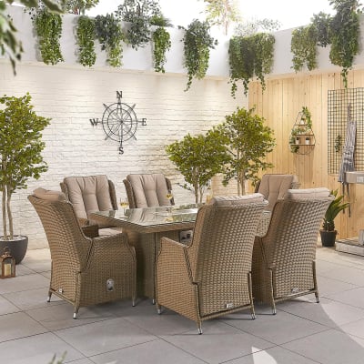 Carolina 6 Seat Rattan Dining Set - Rectangular Gas Fire Pit Table in Willow