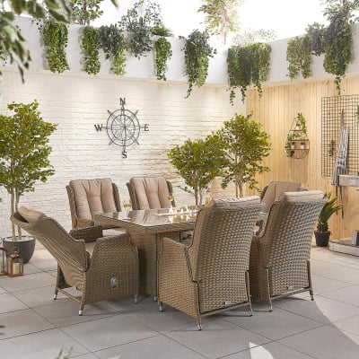 Carolina 6 Seat Rattan Dining Set - Rectangular Gas Fire Pit Table in Willow