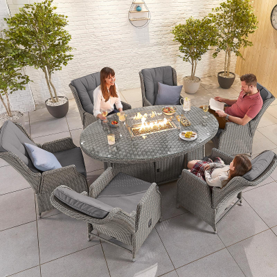 Carolina 6 Seat Rattan Dining Set - Oval Gas Fire Pit Table in White Wash