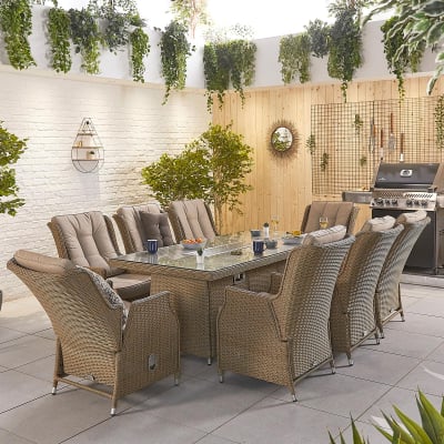 Carolina 8 Seat Rattan Dining Set - Rectangular Gas Fire Pit Table in Willow