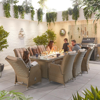 Carolina 8 Seat Rattan Dining Set - Rectangular Gas Fire Pit Table in Willow