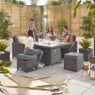 Ciara Compact Corner Rattan Lounge Dining Set with 2 Stools - Square Gas Fire Pit Table in Slate Grey