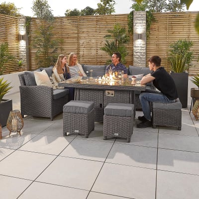 Ciara L-Shaped Corner Rattan Lounge Dining Set with 3 Stools - Left Handed Gas Fire Pit Table in Slate Grey