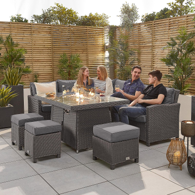 Ciara L-Shaped Corner Rattan Lounge Dining Set with 3 Stools - Left Handed Gas Fire Pit Table in Slate Grey