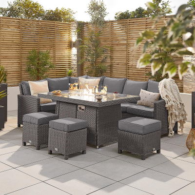 Ciara L-Shaped Corner Rattan Lounge Dining Set with 3 Stools - Left Handed Gas Fire Pit Table in Slate Grey