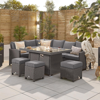 Ciara L-Shaped Corner Rattan Lounge Dining Set with 3 Stools - Left Handed Gas Fire Pit Table in Slate Grey