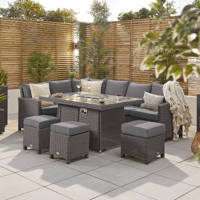 Ciara L-Shaped Corner Rattan Lounge Dining Set with 3 Stools - Left Handed Gas Fire Pit Table in Slate Grey