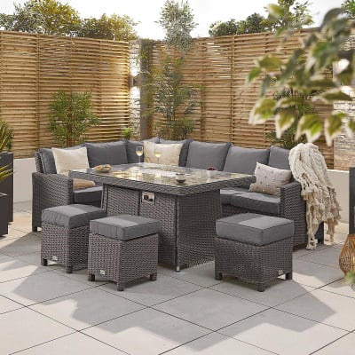 Ciara L-Shaped Corner Rattan Lounge Dining Set with 3 Stools - Left Handed Gas Fire Pit Table in Slate Grey