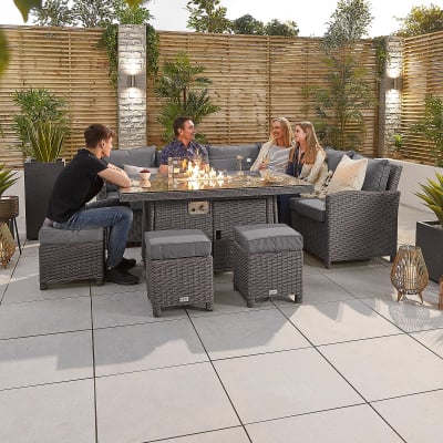 Ciara L-Shaped Corner Rattan Lounge Dining Set with 3 Stools - Right Handed Gas Fire Pit Table in Slate Grey