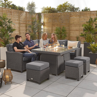 Ciara L-Shaped Corner Rattan Lounge Dining Set with 3 Stools - Right Handed Gas Fire Pit Table in Slate Grey