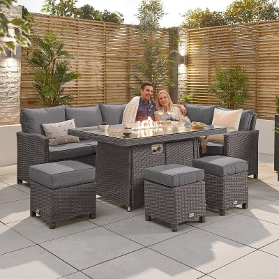 Ciara L-Shaped Corner Rattan Lounge Dining Set with 3 Stools - Right Handed Gas Fire Pit Table in Slate Grey