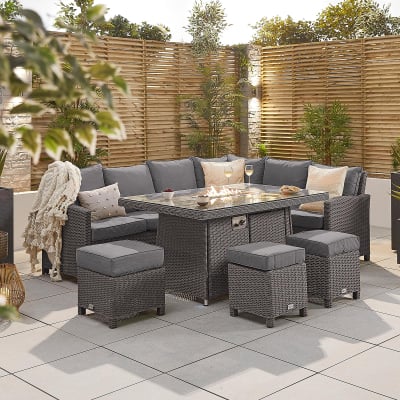 Ciara L-Shaped Corner Rattan Lounge Dining Set with 3 Stools - Right Handed Gas Fire Pit Table in Slate Grey