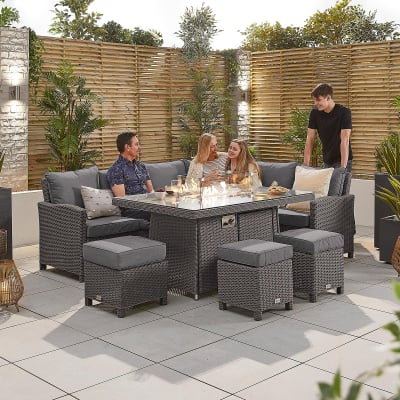 Ciara L-Shaped Corner Rattan Lounge Dining Set with 3 Stools - Right Handed Gas Fire Pit Table in Slate Grey