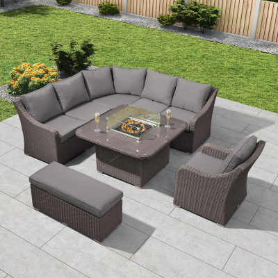 Harper Deluxe Corner Rattan Lounge Dining Set with Armchair and Stool - Square Gas Fire Pit Table in Slate Grey