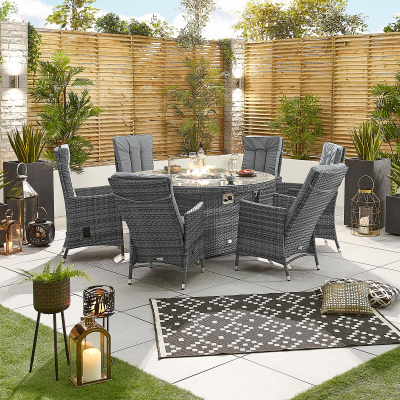 Ruxley 6 Seat Rattan Dining Set - Round Gas Fire Pit Table in Grey Rattan