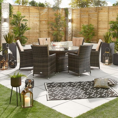 Sienna 6 Seat Rattan Dining Set - Round Gas Fire Pit Table in Brown Rattan