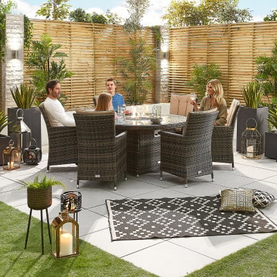 Sienna 6 Seat Rattan Dining Set - Round Gas Fire Pit Table in Brown Rattan