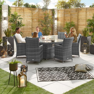 Sienna 6 Seat Rattan Dining Set - Round Gas Fire Pit Table in Grey Rattan