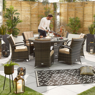 Olivia 6 Seat Rattan Dining Set - Round Gas Fire Pit Table in Brown Rattan