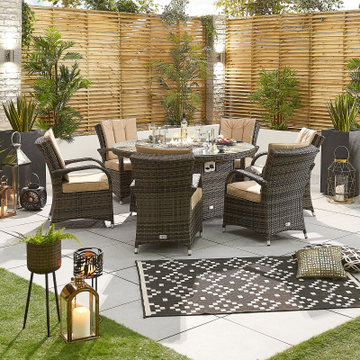 Olivia 6 Seat Rattan Dining Set - Round Gas Fire Pit Table in Brown Rattan