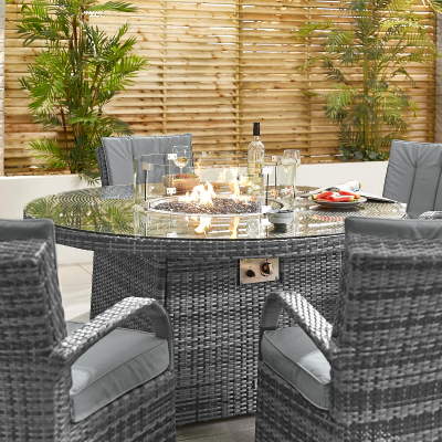 Olivia 6 Seat Rattan Dining Set - Round Gas Fire Pit Table in Grey Rattan