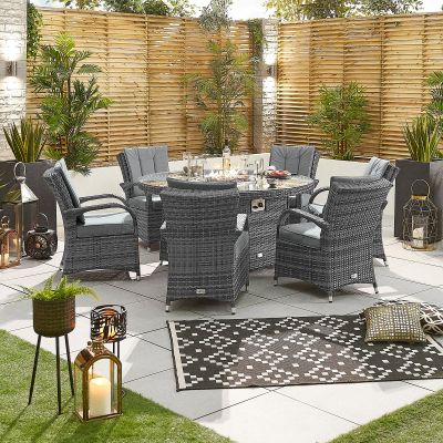 Olivia 6 Seat Rattan Dining Set - Round Gas Fire Pit Table in Grey Rattan