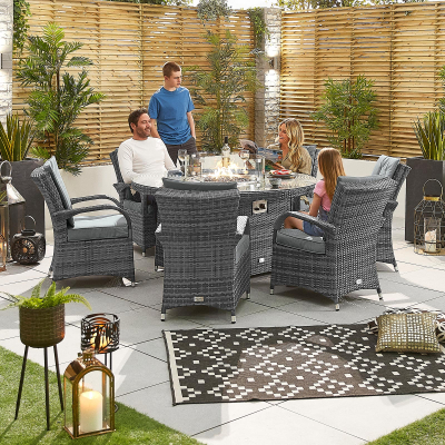 Olivia 6 Seat Rattan Dining Set - Round Gas Fire Pit Table in Grey Rattan