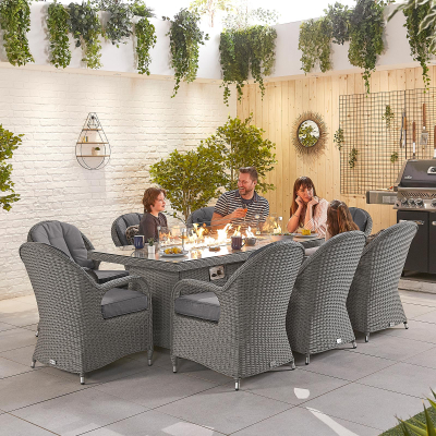 Leeanna 8 Seat Rattan Dining Set - Rectangular Gas Fire Pit Table in Slate Grey