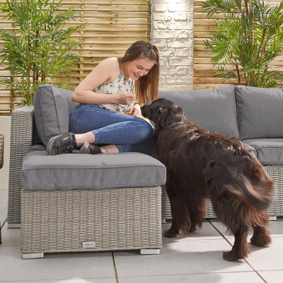 Heritage Chelsea Rattan Corner Sofa Lounging Set with Footstool, Coffee Table & Fire Pit Dining Table in White Wash