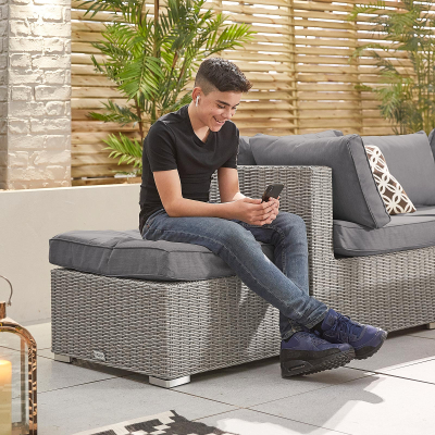 Heritage Chelsea Rattan Corner Sofa Lounging Set with Footstool, Coffee Table & Fire Pit Dining Table in White Wash