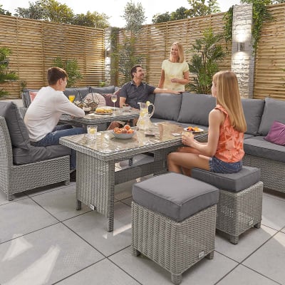 Ciara L-Shaped Corner Rattan Lounge Dining Set with 3 Stools - Left Handed Add & Extending Table in White Wash