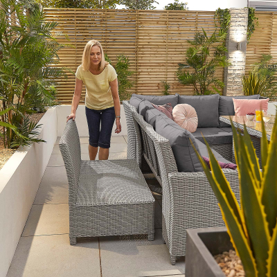 Ciara L-Shaped Corner Rattan Lounge Dining Set with 3 Stools - Right Handed Add & Extending Table in White Wash