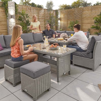 Ciara L-Shaped Corner Rattan Lounge Dining Set with 3 Stools - Right Handed Add & Extending Table in White Wash