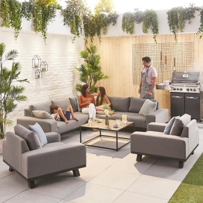 Tranquility All Weather Fabric Aluminium Corner Sofa Lounging Set with Square Coffee Table & 2 Armchairs in Ash Grey