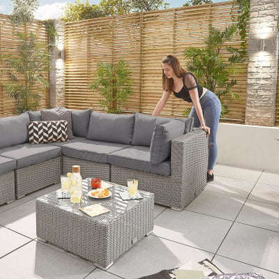 Heritage Chelsea Rattan Deluxe Corner Sofa Lounging Set with Footstool & Coffee Table in White Wash