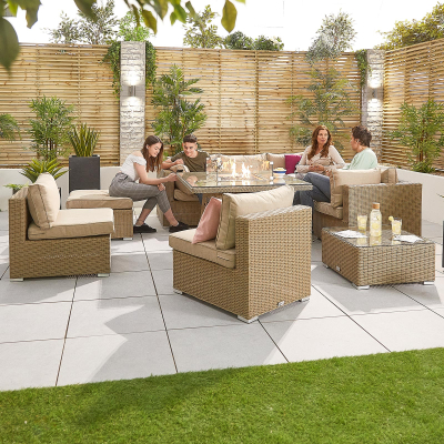 Heritage Chelsea Rattan Deluxe Corner Sofa Lounging Set with Footstool, Coffee Table & Fire Pit Dining Table in Willow