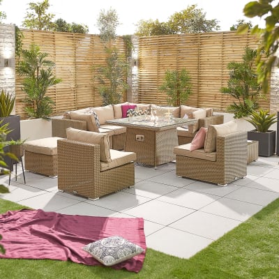 Heritage Chelsea Rattan Deluxe Corner Sofa Lounging Set with Footstool, Coffee Table & Fire Pit Dining Table in Willow