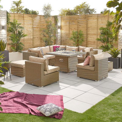 Heritage Chelsea Rattan Deluxe Corner Sofa Lounging Set with Footstool, Coffee Table & Fire Pit Dining Table in Willow