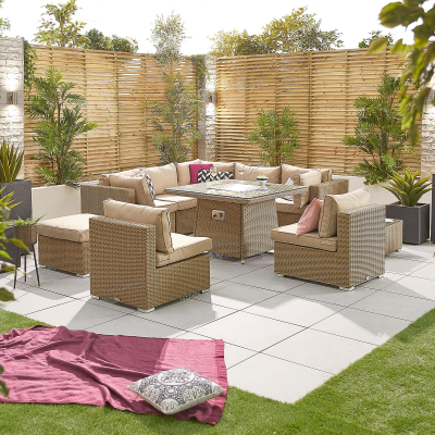 Heritage Chelsea Rattan Deluxe Corner Sofa Lounging Set with Footstool, Coffee Table & Fire Pit Dining Table in Willow