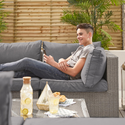 Heritage Chelsea Rattan Deluxe Corner Sofa Lounging Set with Footstool, Coffee Table & Fire Pit Dining Table in White Wash