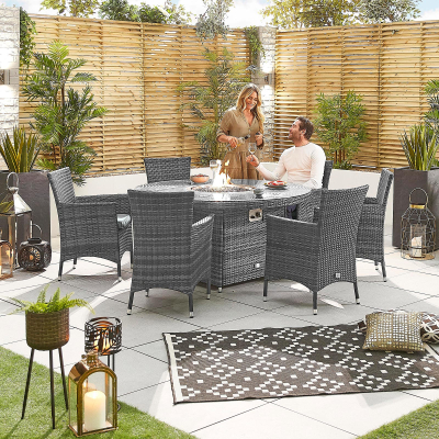 Amelia 6 Seat Rattan Dining Set - Round Gas Fire Pit Table in Grey Rattan