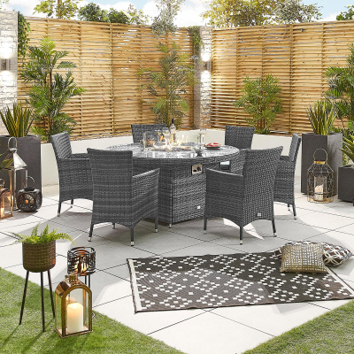 Amelia 6 Seat Rattan Dining Set - Round Gas Fire Pit Table in Grey Rattan