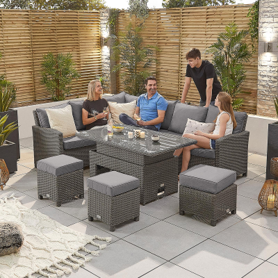 Ciara L-Shaped Corner Rattan Lounge Dining Set with 3 Stools - Left Handed Rising with Parasol Hole Table in Slate Grey