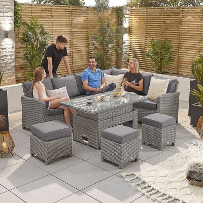 Ciara L-Shaped Corner Rattan Lounge Dining Set with 3 Stools - Right Handed Rising with Parasol Hole Table in White Wash