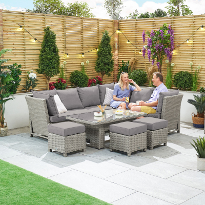 Ciara L-Shaped Corner Reclining Arms Rattan Lounge Dining Set with 3 Stools - Right Handed Rising with Parasol Hole Table in White Wash